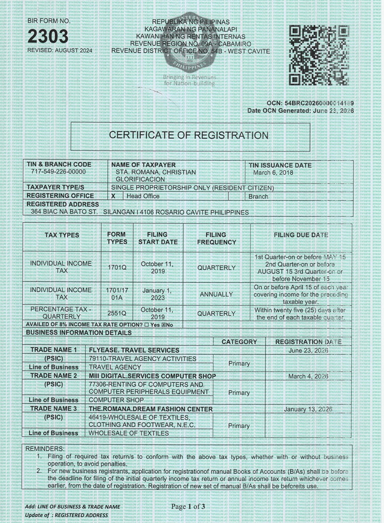 BIR Certificate of Registration — FlyEase Travel Services