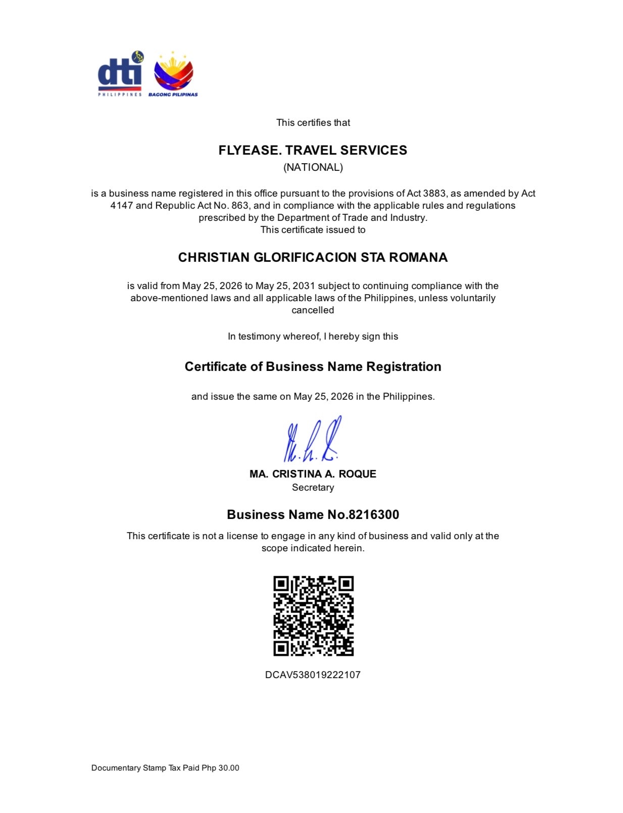 DTI Certificate of Business Name Registration — FlyEase Travel Services