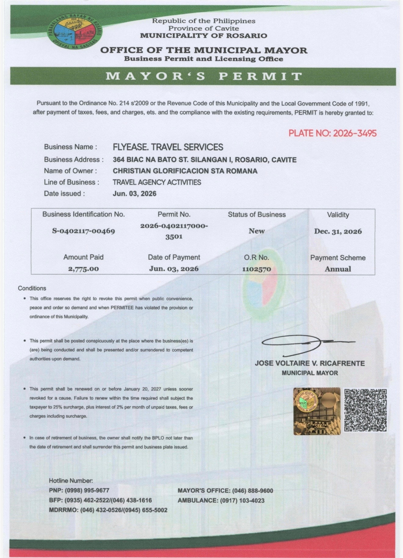 Mayor's Permit — FlyEase Travel Services, Rosario Cavite